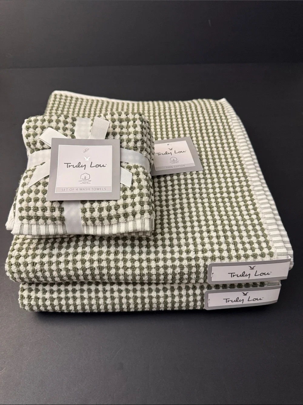 6pc TRULY LOU 100% Cotton Textured Bath Towel Set - Oil Green/White